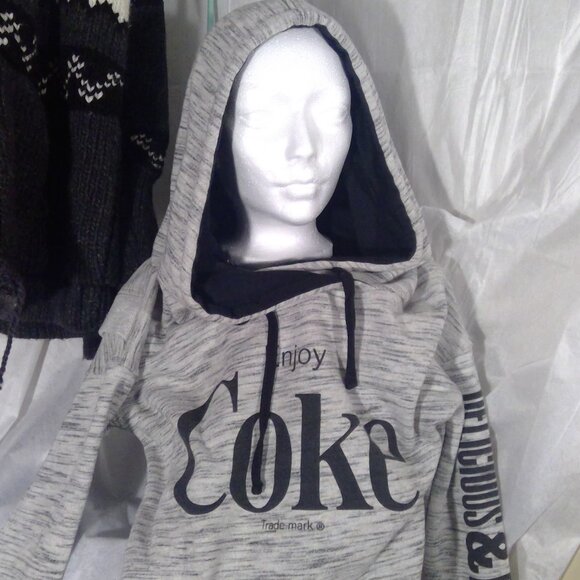 Enjoy COKE Hoodie Short Crossed back Drawstring lined hood xs gray black baggy - Picture 6 of 6